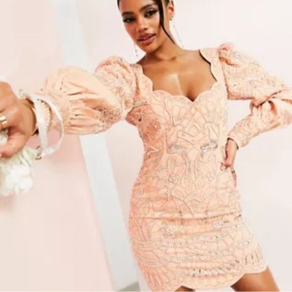 ASOS LUXE woven beaded Embellished Mini Dress Peach Pink Size 10